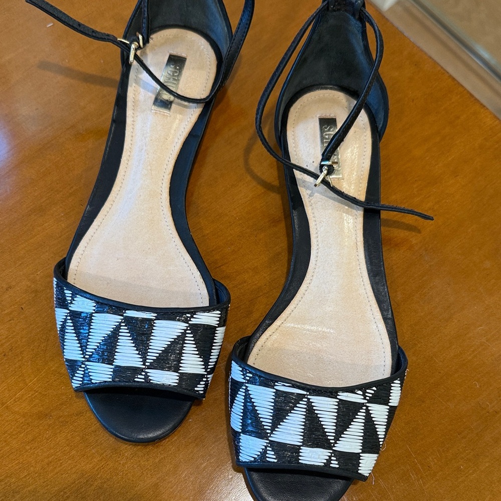 SCHUTZ Black Ankle-Strap Sandals with Black and White Geometric Bead Detail